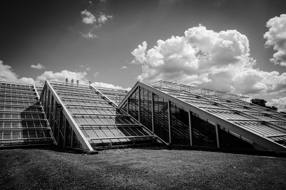 Modern angles against a cloudy sky at the Princess of Wales Conservatory.