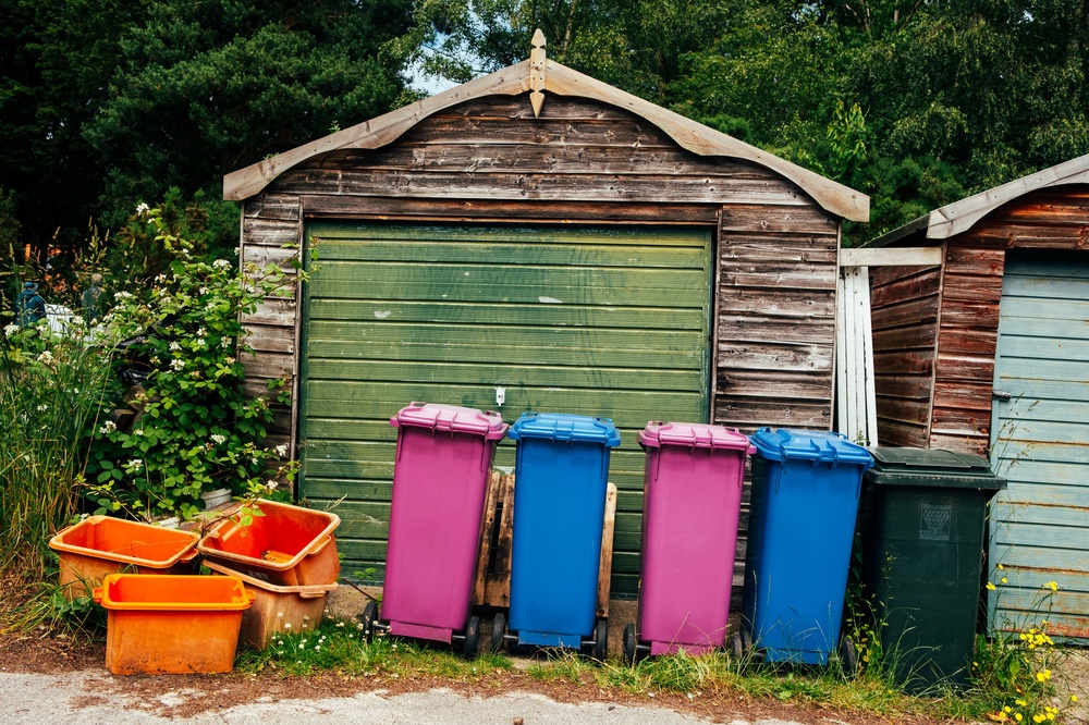 Recycling bins add a pop of color.