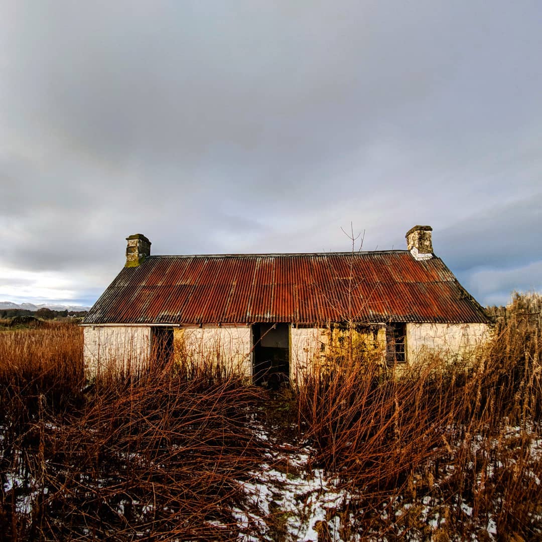 Aged about thirteen, we used to go on camping expeditions to this little abandoned cottage. Found it more eerie going alone today than I did then.

Used the fisheye for this one, then corrected for the bulge in Photoshop. There was a tree in the way so I had to take it quite close up.

